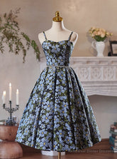 Black Spaghetti Straps Flower Print Homecoming Dress
